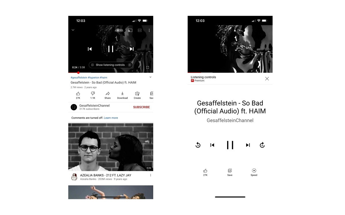 YouTube app Listening Controls